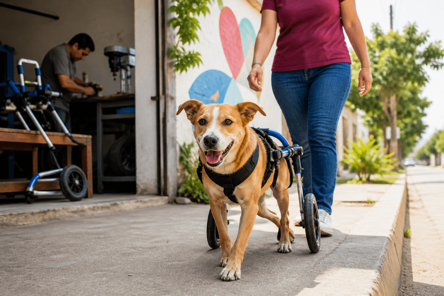 Animal usando una ayuda de movilidad y caminando junto a su cuidadora