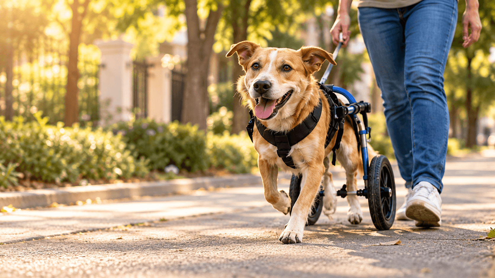Perro con ayuda de movilidad caminando junto a una persona